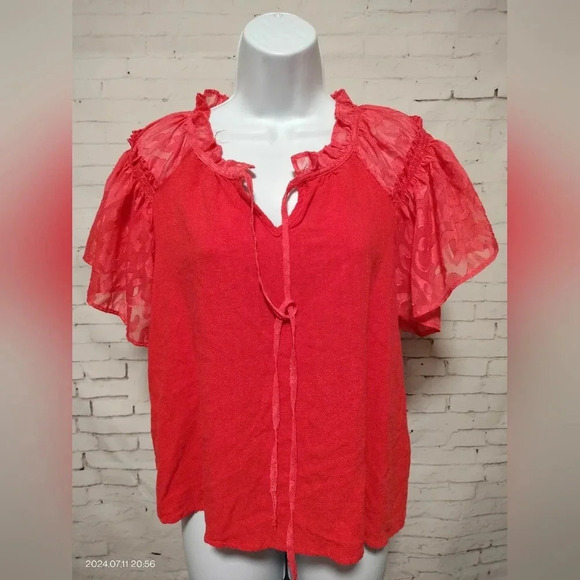 Umgee size Small Coral Orange Flutter Sleeves Tie Neck Top Blouse Boho - Picture 1 of 8